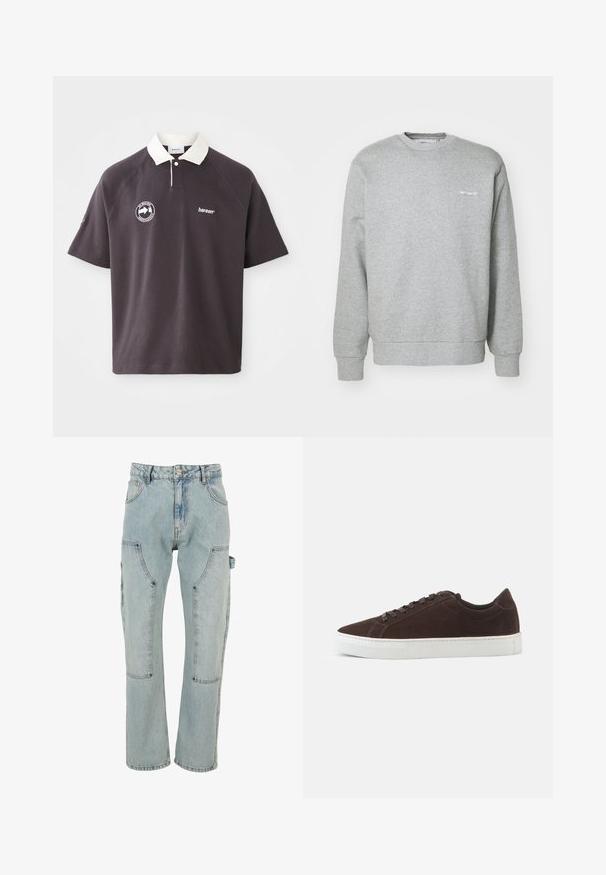 Grauer Baumwollpullover mit Rundhalsausschnitt, langen Ärmeln, gerippten Bündchen und einem kleinen weißen Logo auf der linken Brust. Weicher Stoff.; Dunkelgrau Poloshirt mit einem weißen Kragen, gesticktem Logo auf der Brust und kurzen Raglanärmeln. Hergestellt aus weichem Material.; Hellblaue Denim-Cargohosen mit mehreren Taschen, weitem Schnitt und robuster Naht. Verfügt über einen Knopfverschluss und ein weites Bein-Design.; Dunkelbrauner Veloursleder-Low-Top-Sneaker mit passenden Schnürsenkeln und dicker weißer Gummisohle, von der Seite auf einfachem Hintergrund gezeigt.