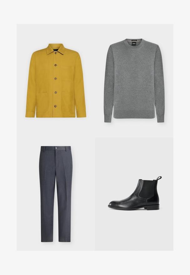 Pull gris à manches longues avec col rond, poignets et ourlet côtelés, avec une petite étiquette de marque sur la couture latérale gauche.; Veste jaune moutarde à manches longues avec col, quatre boutons devant et trois poches avant sur fond uni.; Pantalon habillé sur mesure gris foncé avec fermeture par bouton et zip, passants de ceinture et coupe droite sur fond blanc.; Bottine en cuir noir avec des panneaux latéraux élastiques, bout rond et tirette. Texture lisse, semelle plate, design minimaliste.