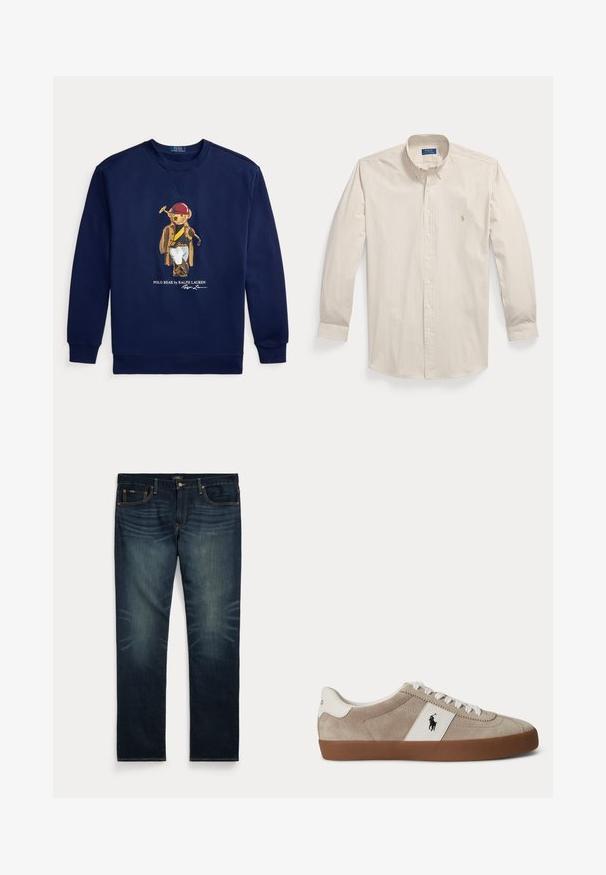 Marineblaues Sweatshirt mit einer Grafik eines Bären in Polokleidung, der einen Schläger hält, und dem Schriftzug „Polo Bear by Ralph Lauren“.; Beige-weiß längsgestreiftes Langarmhemd mit durchgehender Knopfleiste, Knopfkragen und kleinem gesticktem Logo auf der Brust.; Dunkelblaue Jeans aus Denim mit dezentem Verblassen an den vorderen Oberschenkeln und orangefarbenen Nähten, mit Knopf- und Reißverschluss sowie fünf Taschen.; Beiger Wildleder-Sneaker mit niedrigem Schaft, weißen Schnürsenkeln, weißem Lederakzent mit schwarzem Pferdelogo und brauner Gummisohle.