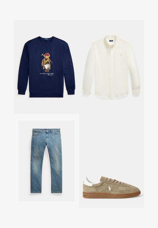 Marineblå sweatshirt med en grafik af en bjørn iført polo-udstyr, der holder en mallet, samt teksten 'Polo Bear by Ralph Lauren'.; Hvid skjorte med lange ærmer og knapper, med krave og lille broderet logo på venstre bryst fra Polo Ralph Lauren.; Lyseblå denimjeans med lige snit, knaplynlås, fem lommer, diskret slid og syninger som detalje.; Beige lavskoet ruskindesneaker med brun sål, hvid hældetalje, snørebånd og en hvid broderet polospillerlogo på siden.