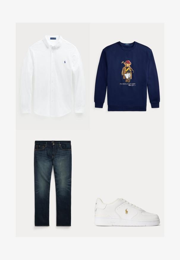 Tmavomodrá mikina s grafikou medveďa oblečeného v pólo výstroji, drží palicu, a textom Polo Bear by Ralph Lauren.; Biela košeľa s dlhým rukávom vyrobená z bavlny, s golierom na gombíky a malým modrým logom polo na hrudníku. Hladká textura, klasický strih.; Tmavomodré rifľové nohavice s jemným vyblednutím na predných stehnách a oranžovým prešitím, so zapínaním na gombík a zips a piatimi vreckami.; Biele kožené nízke tenisky s bielymi šnúrkami a zlatým logom Polo Ralph Lauren na boku a "Polo" vyrazeným na podrážke.