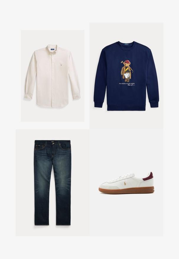 Tmavomodrá mikina s grafikou medveďa oblečeného v pólo výstroji, drží palicu, a textom Polo Bear by Ralph Lauren.; Košeľa s dlhým rukávom zapínaná na gombíky, vyrobená z krémovej bavlnenej tkaniny. Má rozšírený golier a malý vyšitý logo na hrudi. Klasický strih.; Tmavomodré rifľové nohavice s jemným vyblednutím na predných stehnách a oranžovým prešitím, so zapínaním na gombík a zips a piatimi vreckami.; Biely nízky teniska s hnedou gumovou podrážkou, zlatým logom hráča póla na boku, bielymi šnúrkami a bordovým semišovým pásikom na päte, značka Ralph Lauren.