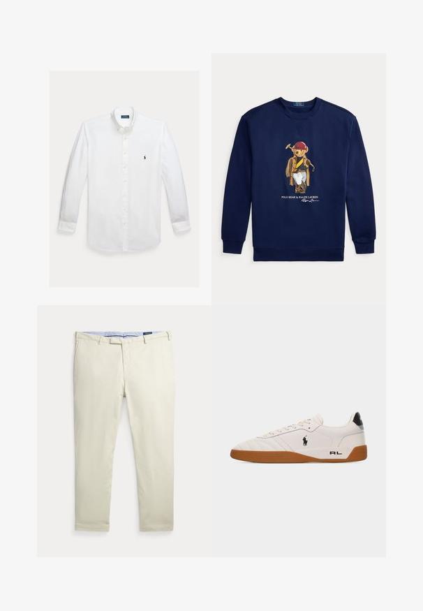 Tmavomodrá mikina s grafikou medveďa oblečeného v pólo výstroji, drží palicu, a textom Polo Bear by Ralph Lauren.; Biela košeľa s dlhým rukávom na gombíky, so zapínaním na golieri a malým tmavomodrým vyšívaným logom Polo Ralph Lauren na prsiach.; Pánske béžové nohavice rovného strihu s pútkami na opasok a prednými vreckami, položené na bielom pozadí.; Biela nízka teniska s hnedou gumovou podrážkou, čiernym logom Polo Ralph Lauren na boku a textom „RL" na päte.
