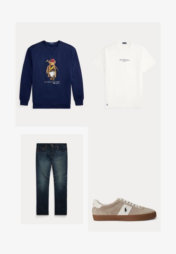 Tumesinine dressipluus, millel on joonis karust, kes on riietatud polosõidu riietusse, hoiab malletit ja tekst "Polo Bear by Ralph Lauren".; Valge lühikeste varrukatega T-särk, millel on "Polo Ralph Lauren New York" tekst rinnal keskel ja väike tumesinine Polo logo põhjaääre lähedal.; Tumesinised teksapüksid sirge säärega, kerge pleekimisega põlvede kohal ning oranžid õmbluse aksendid taskutel ja õmblustel.; Beežid seemisnahast madala säärega tossud valgete paelte, valge nahkdetaili ja musta hobuse logoga ning pruunast kummist tallaga.