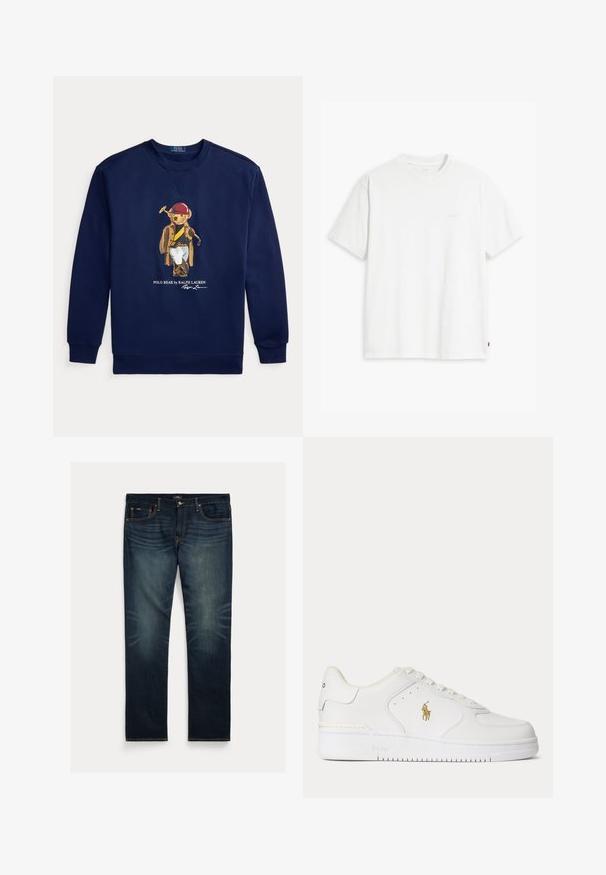 Marineblaues Sweatshirt mit einer Grafik eines Bären in Polokleidung, der einen Schläger hält, und dem Schriftzug „Polo Bear by Ralph Lauren“.; Weißes Baumwoll-T-Shirt mit kurzen Ärmeln, rundem Ausschnitt und einem dezenten "Levi's"-Logo in heller Farbe auf der Vorderseite.; Dunkelblaue Jeans aus Denim mit geradem Bein, dezentem Ausbleichen in Kniehöhe und orangen Ziernähten an Taschen und Nähten.; Weißer Leder-Sneaker mit niedrigem Schnitt, weißen Schnürsenkeln und einem goldfarbenen Polo Ralph Lauren-Logo an der Seite sowie "Polo" auf der Sohle geprägt.