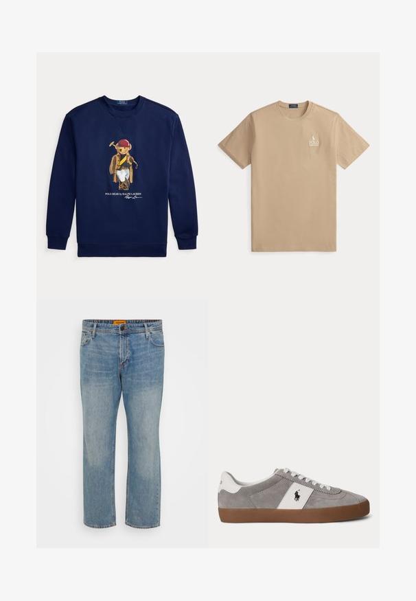 Marineblå sweatshirt med en grafik af en bjørn iført polo-udstyr, der holder en mallet, samt teksten 'Polo Bear by Ralph Lauren'.; Beige Polo Ralph Lauren t-shirt med korte ærmer, rund hals og lille hvidt logo på venstre bryst.; Lyseblå denim jeans med lige ben, der har fem lommer, knaplukning og orange mærke på taljebåndet.; Lavtops grå ruskind sneaker med hvide snørebånd, hvid hæl og sidepanel med sort polo spiller logo og brun gummisål.