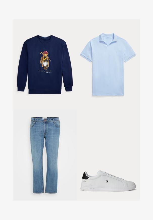 Marineblå sweatshirt med en grafik af en bjørn iført polo-udstyr, der holder en mallet, samt teksten 'Polo Bear by Ralph Lauren'.; Lyseblå polo-shirt med korte ærmer, krave og lille broderet logo på venstre bryst mod en hvid baggrund.; Blå straight-leg denim jeans med knap- og lynlås, for- og baglommer samt synlig syning på hvid baggrund.; Hvid lavtop sneaker med sort hælfane, snørebånd og Polo Ralph Lauren-logo på siden, med præget såldetaljer.