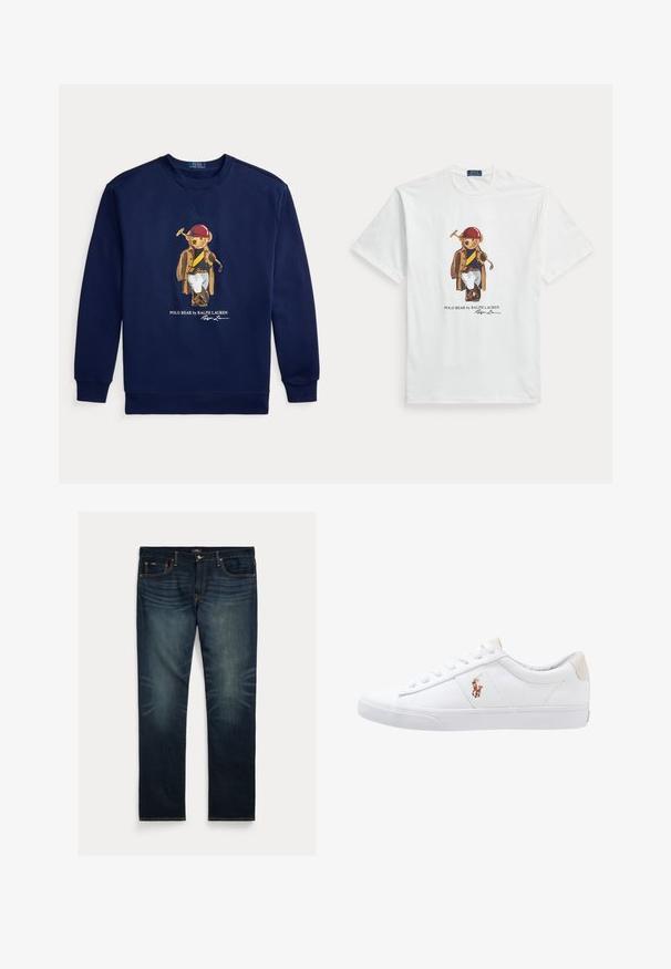 Tmavomodrá mikina s grafikou medveďa oblečeného v pólo výstroji, drží palicu, a textom Polo Bear by Ralph Lauren.; Biele tričko s krátkym rukávom s medveďom, ktorý má červenú prilbu, hnedú bundu, biele nohavice a drží palicu na pólo.; Tmavomodré riflové džínsy s priamym strihom nohavíc, jemným vyblednutím v oblasti kolien a oranžovým prešívaním na vreckách a švoch.; Biele plátenné tenisky s nízkym strihom, ktoré majú béžový opasok na päte a malé vyšívané logo na boku. Gumová podrážka.