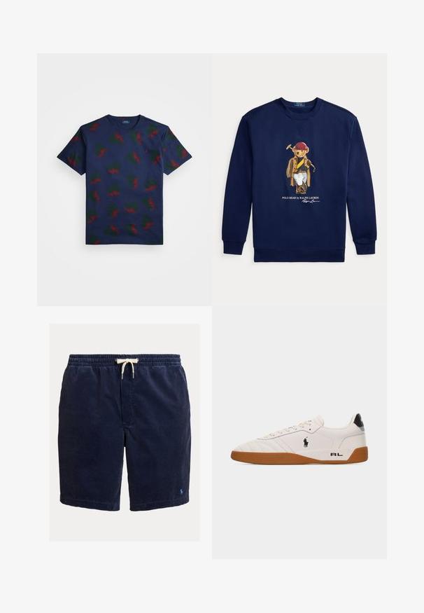 Marineblå sweatshirt med en grafik af en bjørn iført polo-udstyr, der holder en mallet, samt teksten 'Polo Bear by Ralph Lauren'.; Marineblå bomulds t-shirt med et gentaget mønster af røde og grønne vinge-designs. Har rund hals og korte ærmer.; Mørkeblå kordfløjlsshorts med elastik i taljen og hvid snøre. Har en lodret ribbet tekstur og en lille logo ved kanten.; Hvid lav sneakers med brun gummisål, sort Polo Ralph Lauren-logo på siden og "RL" tekst på hælområdet.
