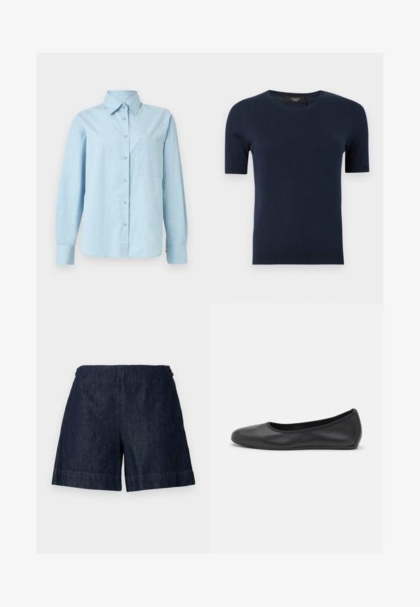 Pull en tricot bleu marine à manches courtes, col rond avec poignets et ourlet côtelés, présenté sur un fond uni.; Chemise bleu clair à manches longues, boutonnée, avec col et poche poitrine, présentée sur un fond blanc uni.; Shorts en jean bleu foncé avec une taille haute élastique et des ouvertures larges aux jambes, présentés sur un fond clair uni.; Ballerines en cuir noir avec un bout rond, texture lisse, détails de couture minimalistes et design de semelle flexible.