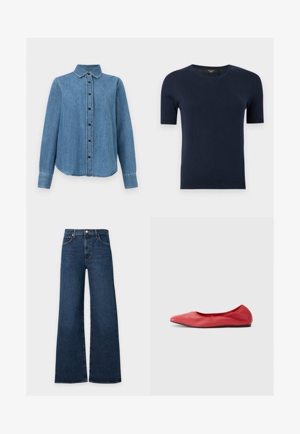 Pull en tricot bleu marine à manches courtes, col rond avec poignets et ourlet côtelés, présenté sur un fond uni.; Chemise en denim bleu à manches longues avec col et boutons noirs, ourlet légèrement arrondi, posée à plat sur un fond blanc.; Jean en denim bleu foncé à jambes larges avec bouton à l'avant, fermeture éclair et design à cinq poches sur fond gris clair.; Filippa K REY FLATS - Ballerines - bright red