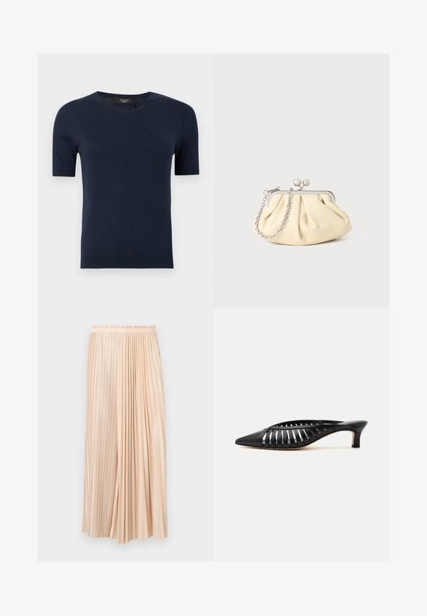 Pull en tricot bleu marine à manches courtes, col rond avec poignets et ourlet côtelés, présenté sur un fond uni.; Jupe midi plissée bicolore beige avec ceinture élastique, combinant des plis fins et larges pour un look fluide et texturé.; Mule en cuir noir avec bout pointu, design découpé à brides et petit talon kitten sur fond blanc.; Pochette en cuir beige plissé avec un cadre en métal argenté, dotée de deux fermoirs ronds décoratifs et d'une chaîne en argent.