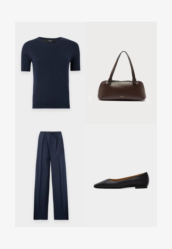 Pull en tricot bleu marine à manches courtes, col rond avec poignets et ourlet côtelés, présenté sur un fond uni.; Pantalon large bleu marine avec taille élastique et cordon de serrage ajustable, présenté à plat sur un fond blanc.; Chaussure plate en cuir noir à bout pointu avec talon bas et finition lisse, vue de côté sur un fond gris clair.; Sac à main rectangulaire en cuir marron foncé avec deux bretelles et logo doré "NEOUS" sur le devant sur un fond blanc.
