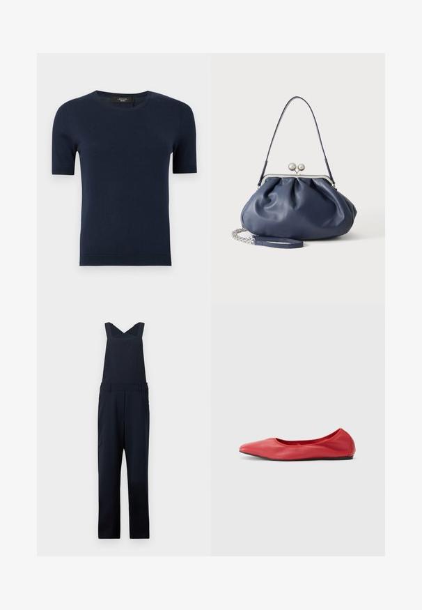Pull en tricot bleu marine à manches courtes, col rond avec poignets et ourlet côtelés, présenté sur un fond uni.; Salopette bleu marine en tissu lisse, avec des bretelles croisées, des jambes larges et des poches latérales. Design simple et épuré.; Filippa K REY FLATS - Ballerines - bright red; Sac à main en cuir bleu marine doux avec fermeture à boucle argentée, une seule bandoulière, et une chaîne de poignet amovible sur fond blanc.