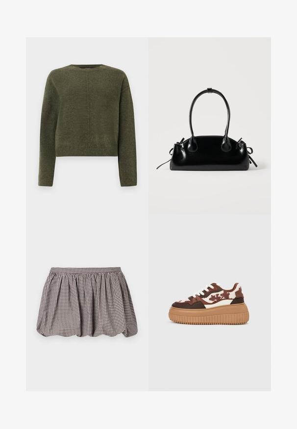 Oliven grøn, cropped sweater lavet af blødt strikmateriale. Har lange ærmer og en rund halsudskæring med en diskret central sømdetalje.; Brun og hvid ternet A-linje nederdel med samlet talje, lavet af letvægtsstof, med et subtile tekstureret mønster.; Platform sneakers med et brunt og cremefarvet camouflage-mønster, kontrasterende lysebrune såler og hvide snørebånd. Overdelen har blandede materialer og teksturer.; Lille sort blank håndtaske med to lange håndtag og snøre-detaljer i siden på en ensfarvet lys baggrund.