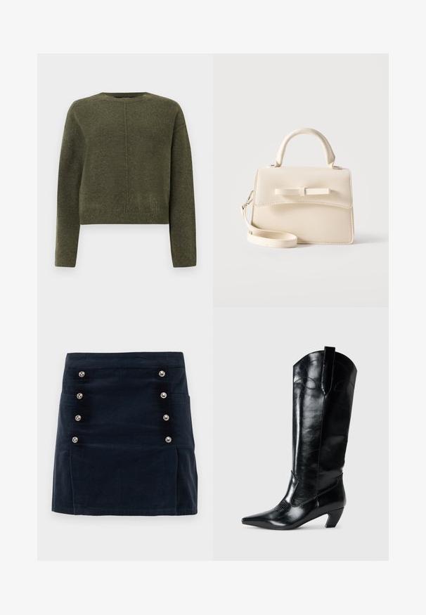 Oliven grøn, cropped sweater lavet af blødt strikmateriale. Har lange ærmer og en rund halsudskæring med en diskret central sømdetalje.; Marineblå corduroy nederdel med lige pasform, fem metalliske knapper foran og to sidelommer for funktionalitet.; Sorte læderknæhøje støvler med spids tå, lav hæl og dekorative syninger på siderne. Glat, blank overflade.; Lille beige håndtaske med top-håndtag, aftagelig rem, forreste klap og dekorativ vandret sløjfe på en ensfarvet baggrund.