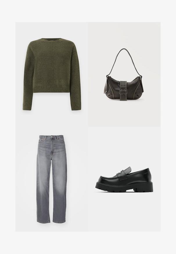 Oliven grøn, cropped sweater lavet af blødt strikmateriale. Har lange ærmer og en rund halsudskæring med en diskret central sømdetalje.; Weekday RAIL MID LOOSE STRAIGHT - Jeans Straight Leg - misty grey; Sorte læder loafers med en chunky tekstureret sål, der har en rem over vamps og en glat, poleret finish.; Sort læder skuldertaske med spænde på remmen, afrundede kanter og kontrasterende hvide syninger på en ensfarvet baggrund.