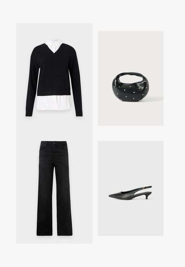 Zwarte V-hals trui over een witte blouse met een klein stippenpatroon, weergegeven op een effen achtergrond.; Zwarte denim broek met wijde pijpen en een klassiek vijf-pocket ontwerp, met een knoopsluiting en subtiele textuur. Strakke lijnen en minimale versieringen.; Zwarte puntschoen met slingback van soepel leer. Kenmerkt zich door een dunne hak en een gespdetail op de verstelbare band.; Zwarte leren handtas met een afgeronde vorm, versierd met zilveren studs, en een korte handgreep. Gladde textuur en ritsluiting.