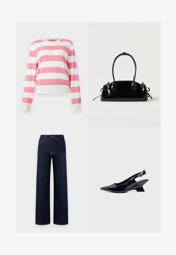 Rosa-weiß gestreifter Pullover, lange Ärmel, Rundhalsausschnitt, weiches Strickmaterial, cropped Design, gerippte Bündchen, gleichmäßiges Streifenmuster.; Dunkelblaue weit geschnittene Jeans aus Denim, mit hoher Taille, vier Taschen und kontrastierenden Nähten entlang der Nähte.; Schwarzer Slingback-Schuh aus Lackleder mit spitzer Spitze und niedrigem, schrägem Blockabsatz auf einfachem hellem Hintergrund.; Kleine schwarze glänzende Handtasche mit zwei langen Griffen und seitlichen Kordelzug-Details vor einfachem hellem Hintergrund.