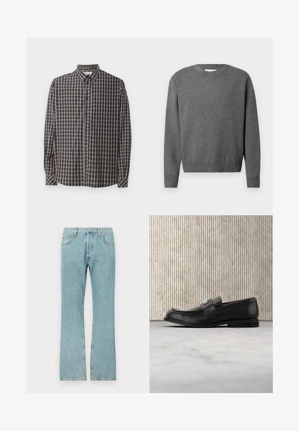 Hall hallatükk, mis on valmistatud pehmest kudumiskangast. Omab pikki varrukaid ning soonikkoes mansette ja allserva. Minimalistlik disain, ilma nähtavate logodeta.; Tumedate ja beežides ruudulistes mustrites pikkade varrukatega särgik. Omab klassikalist kraed ja esipaneeli nuppe, ning otse alläär.; Heledsinised denim püksid sirge säärega disainiga, viie tasku ja nööbiga sulgemisega. Nähtav õmblemine ja kulunud serva detail.; Mustast nahast loafer metallist brändiplaadiga, mis asub pruunist ümarast lauast lähedal beežil vaibaga kaetud põrandal.
