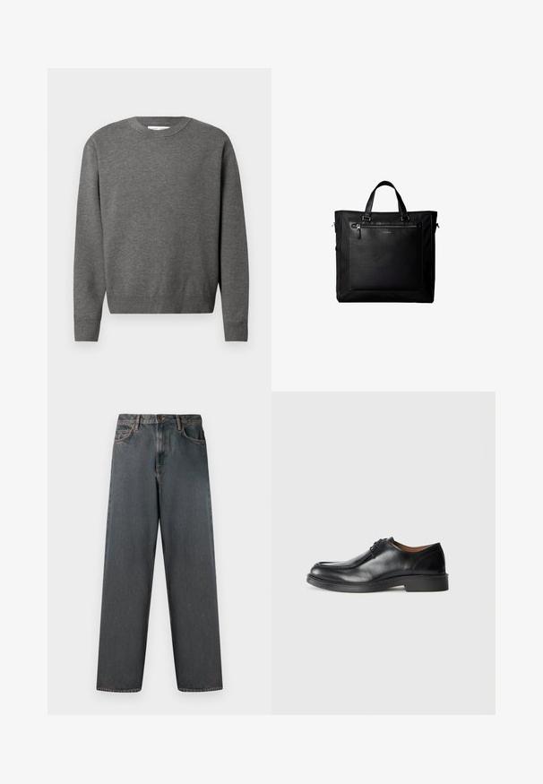 Grå crewneck sweater lavet af blødt strikket stof. Har lange ærmer og ribbede manchetter og kant. Minimalistisk design uden synlige logoer.; Mørkegrå denimjeans med lige ben, fem lommer og en knap- og lynlås-lukning. Stofmet har diskret falming og syninger.; Sorte lædersko med rund tå, glat overflade, snøre detaljer og en lav, tekstureret gummisål. Rene linjer og minimalistisk design.; Sort taske med dobbelte håndtag, stor læderlomme foran med lynlås og diskret Calvin Klein-logo midt på lommen.
