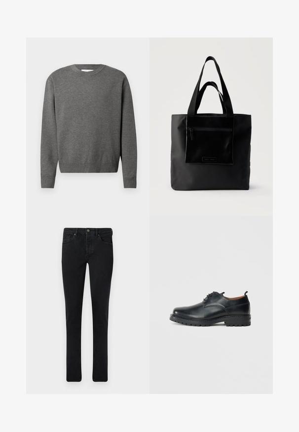 Suéter gris de cuello redondo fabricado en un suave tejido de punto. Presenta mangas largas y puños y dobladillo acanalados. Diseño minimalista sin logotipos visibles.; Vaqueros de mezclilla oscura con un corte ajustado, diseño de cinco bolsillos y cierre de botón metálico. Textura suave y color uniforme en todo el conjunto.; Zapatos derby de cuero negro con una textura suave, punta redondeada, diseño de cordones y una suela de goma gruesa y resistente.; Bolso tote negro con bolsillo frontal con cremallera y asas dobles, sobre un fondo claro y liso.