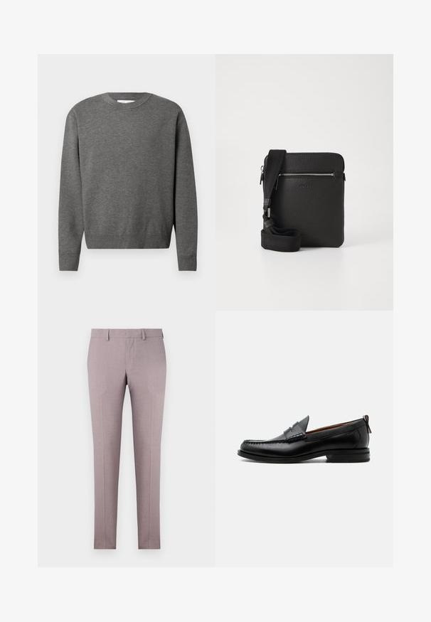 Suéter gris de cuello redondo fabricado en un suave tejido de punto. Presenta mangas largas y puños y dobladillo acanalados. Diseño minimalista sin logotipos visibles.; Pantalones a medida en tela de lavanda clara, con una textura suave, frontales planos y diseño de pierna recta. Sin patrones ni acentos visibles.; Mocasín de hombre de piel negra con costura moc toe, tira penny, cuello texturizado y tacón bajo apilado sobre fondo blanco.; Bolso cruzado de cuero negro con superficie texturizada, bolsillo frontal con cremallera y correa de tela ajustable. Diseño cuadrado simple.