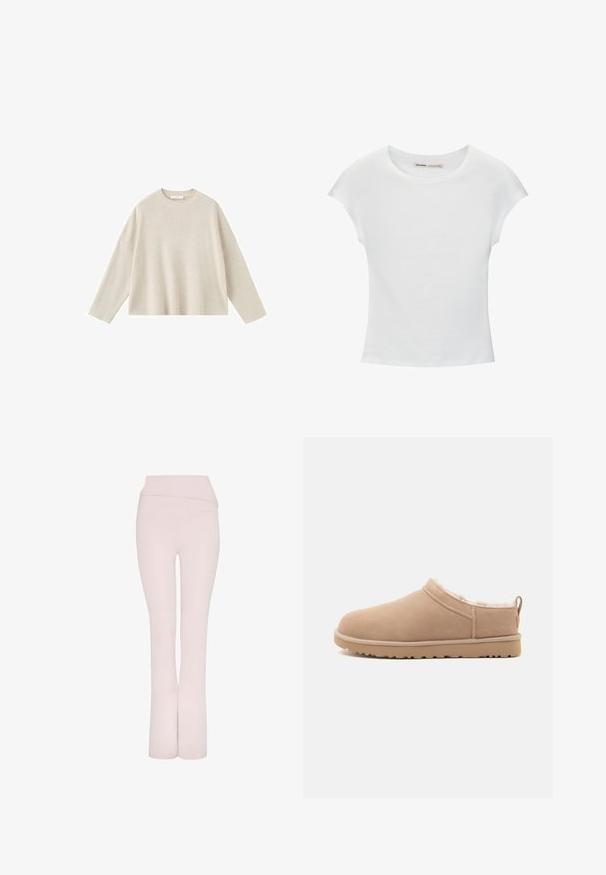 Beige lange mouw trui van gebreide stof met een ronde hals en een ontspannen, licht oversized pasvorm.; Witte katoenen T-shirt met korte, opgerolde mouwen, een ronde halslijn en een rechte zoom. Gladde textuur zonder zichtbare patronen of accenten.; Lichtroze uitlopende broek met een brede tailleband en een gladde textuur. Heeft een schoon, gestroomlijnd ontwerp zonder extra versieringen.; Beige instap pantoffel met zachte suède buitenzijde, pluche witte bontvoering en rubberen zool met profiel, getoond in zijaanzicht.