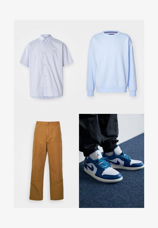 Sudadera azul claro hecha de una tela suave, con cuello redondo, puños acanalados y un pequeño logo bordado en el pecho.; Camisa de manga corta azul claro hecha de una tela suave, con un diseño de botones y un pequeño logo blanco de Nike en el pecho.; Pantalones utilitarios de algodón marrón con un diseño de pierna recta, que cuentan con bolsillos frontales y acentos de metal para mayor durabilidad.; Las zapatillas Nike Air Jordan cuentan con una base de cuero blanco con acentos sintéticos azules, una caja de dedos perforada y cordones azules.
