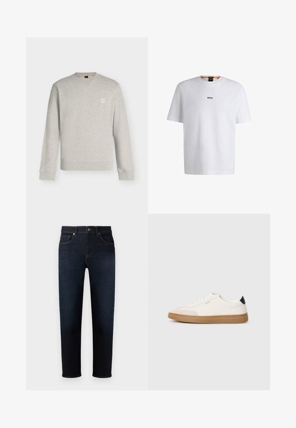 Lichtgrijze sweat met lange mouwen en ronde hals, geribde boorden en zoom, kleine vierkante logopatch op de linkerborst.; Witte katoenen T-shirt met korte mouwen, voorzien van een zwart "BOSS"-logo in het midden van de borst en een ronde halsontwerp.; Donkerblauwe denim jeans met een rechte pijpdesign, voorzien van vijf zakken, contrasterende stiksels en een knoopsluiting aan de voorkant.; Witte sneakers met beige accenten, bovenwerk van glad leer, ronde neus en rubberen gumzool, met een zwarte hieltab en subtiele branding.