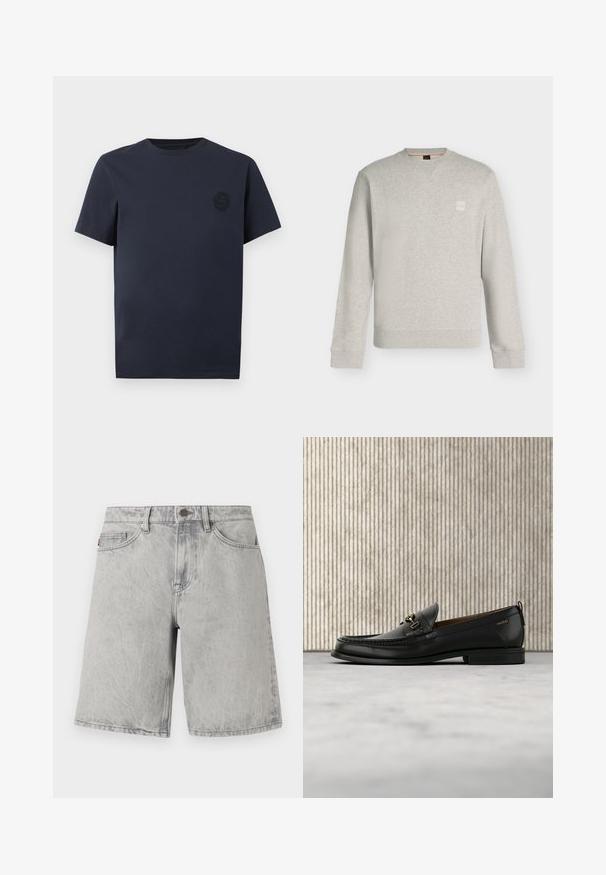 Sweat-shirt gris clair à manches longues et col rond, avec poignets et ourlet côtelés, petit patch logo carré sur la poitrine gauche.; T-shirt bleu marine à manches courtes et col rond avec un logo sombre discret sur la poitrine gauche.; Shorts en jean gris clair avec fermeture par bouton et fermeture éclair, passants pour ceinture et poches avant, présentés sur un fond blanc.; Mocassin en cuir noir avec mors en métal doré et logo "HUGO", présenté sur un tapis beige et un meuble translucide marron.
