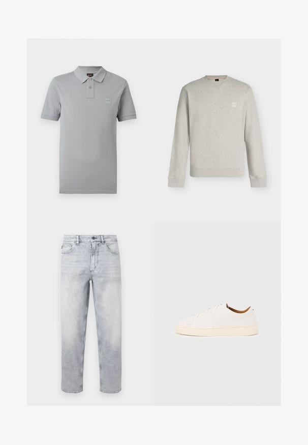Sweat-shirt gris clair à manches longues et col rond, avec poignets et ourlet côtelés, petit patch logo carré sur la poitrine gauche.; Polo gris clair à manches courtes avec deux boutons, un col, et un petit logo embossé sur la poitrine gauche.; Jean en denim gris clair délavé pierre avec fermeture par bouton et fermeture éclair, poches avant et arrière, coupe droite.; Baskets blanches basses avec un design à lacets, des détails de couture minimalistes, et une semelle couleur crème sur un fond gris clair.