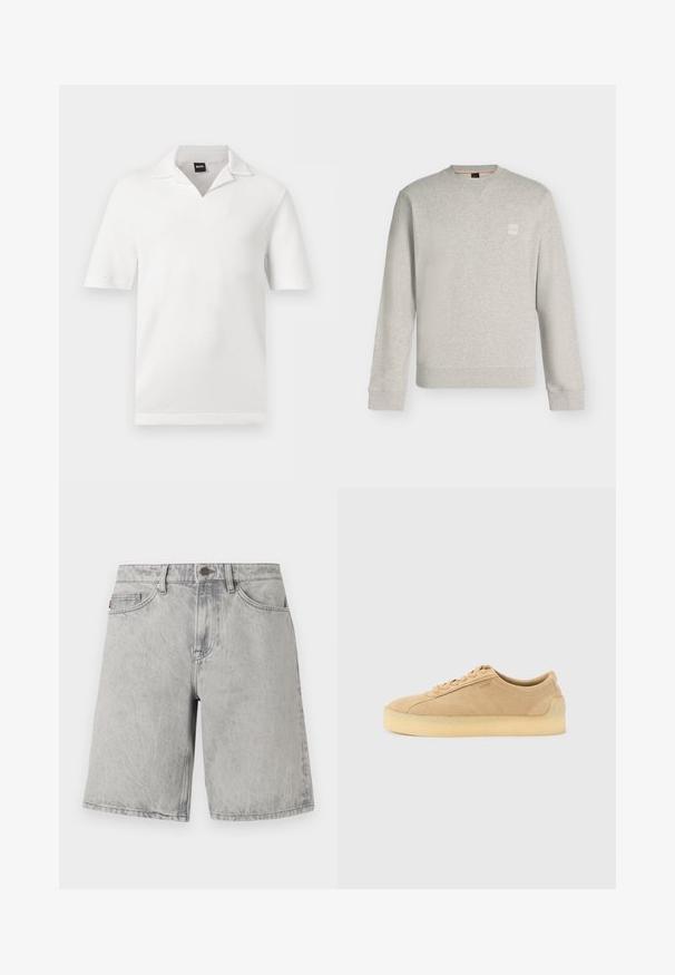 Sweat-shirt gris clair à manches longues et col rond, avec poignets et ourlet côtelés, petit patch logo carré sur la poitrine gauche.; Polo blanc à manches courtes avec col ouvert et tissu texturé, étiqueté avec la marque BOSS au niveau du col.; Shorts en jean gris clair avec fermeture par bouton et fermeture éclair, passants pour ceinture et poches avant, présentés sur un fond blanc.; Baskets basses en daim beige avec semelle épaisse en gomme, fermeture à lacets à l'avant, et logo discret sur le côté, sur un fond uni gris clair.