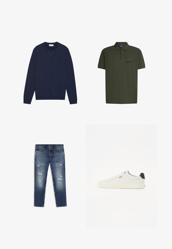 Marineblå sweatshirt lavet af bomuld, med rund hals, lange ærmer og en lille brystlomme med en diskret logo-detalje.; Oliven grøn polo t-shirt lavet af glat bomuld. Har en klassisk krave, tre knapper og et lille broderet logo på brystet.; Blå slidte denim jeans med forlommer, bæltestropper og synligt falmede og revnede områder på lårene og knæene.; Hvide lædersneakers med en tekstureret finish, der har en sort hælkappe, rund tå og et sort logo på siden. Letvægts gummisål.