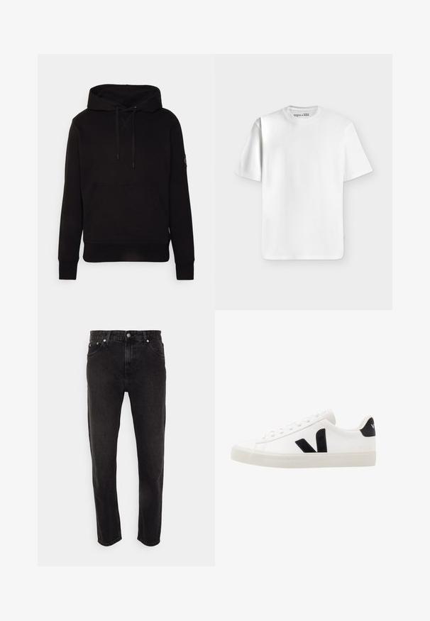 Schwarzer Hoodie aus weichem Stoff mit einer Kängurutasche, verstellbarer Kapuze mit Zugband und gerippten Bündchen. Dezente Branding auf dem Ärmel.; Schlichtes weißes T-Shirt mit kurzen Ärmeln und Rundhalsausschnitt, flach auf einem hellgrauen Hintergrund liegend mit einem kleinen Markenlabel im Halsausschnitt.; Schwarze Denim-Jeans mit geradem Bein, mittlerer Bundhöhe, Gürtelschlaufen und Fünf-Taschen-Stil. Weicher Stoff mit minimalem Ausbleichen.; Weiße Leder-Sneaker mit schwarzen Wildlederelementen; verfügen über eine Gummisohle, eine runde Spitze und ein klassisches Schnürdesign. Seitliches Logo in Schwarz.