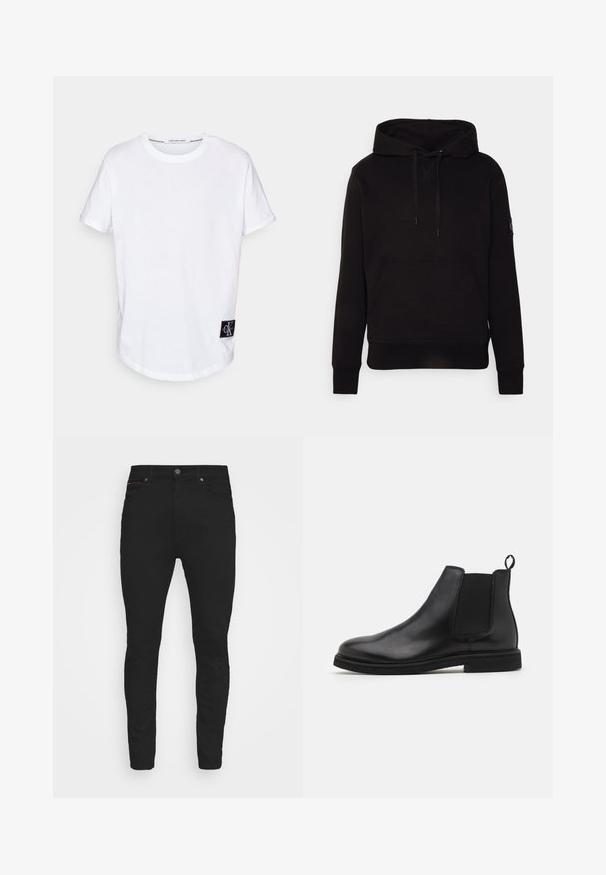 Schwarzer Hoodie aus weichem Stoff mit einer Kängurutasche, verstellbarer Kapuze mit Zugband und gerippten Bündchen. Dezente Branding auf dem Ärmel.; Weißes Baumwoll-T-Shirt mit umgeschlagenen Kurzärmeln, abgerundetem Saum und einem schwarzen Logotag mit "CK" auf der unteren linken Seite.; Schwarze Slim-Fit-Jeans aus Denim, mit einem klassischen Fünf-Taschen-Design, einem Knopfverschluss und dezenten roten Nähakzenten.; Schwarze Leder Chelsea-Stiefel mit elastischen Seitenpanelen und einem Zugtab. Gerundete Zehenpartie und flache Gummisohle, die eine glatte Oberfläche zeigt.