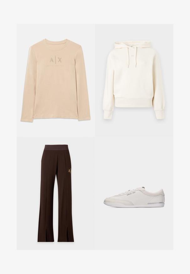 Sudadera crema con bolsillo canguro, capucha ajustable con cordón, puños y dobladillo acanalados. Presenta un sutil logo "AX" en el pecho. Textura de tela suave.; Camisa de manga larga de color beige claro hecha de tela suave, con el logo de A|X adornado con cristales de vidrio claros y diseño de cuello redondo.; Pantalones marrón oscuro de pierna ancha con cintura elástica, costuras delanteras, logo lateral y aberturas frontales en el bajo.; Zapatilla de perfil bajo blanca y beige con cordones, detalles en cuero liso y ante, con un pequeño logo de Michael Kors en el lateral.