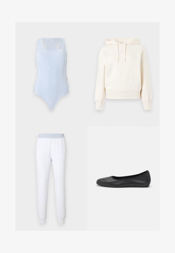 Hoodie crème avec une poche kangourou, capuche à cordon, poignets et ourlet côtelés. Présente un logo "AX" discret sur la poitrine. Texture de tissu douce.; Justaucorps de sport bleu clair sans manches avec dos nageur et petit logo blanc EA7 sur le haut du côté gauche de la poitrine.; Pantalon de survêtement blanc avec une ceinture élastique rayée bleue. Coupe fuselée, texture douce et poignets côtelés pour un ajustement confortable.; Ballerines en cuir noir avec un bout rond, texture lisse, détails de couture minimalistes et design de semelle flexible.