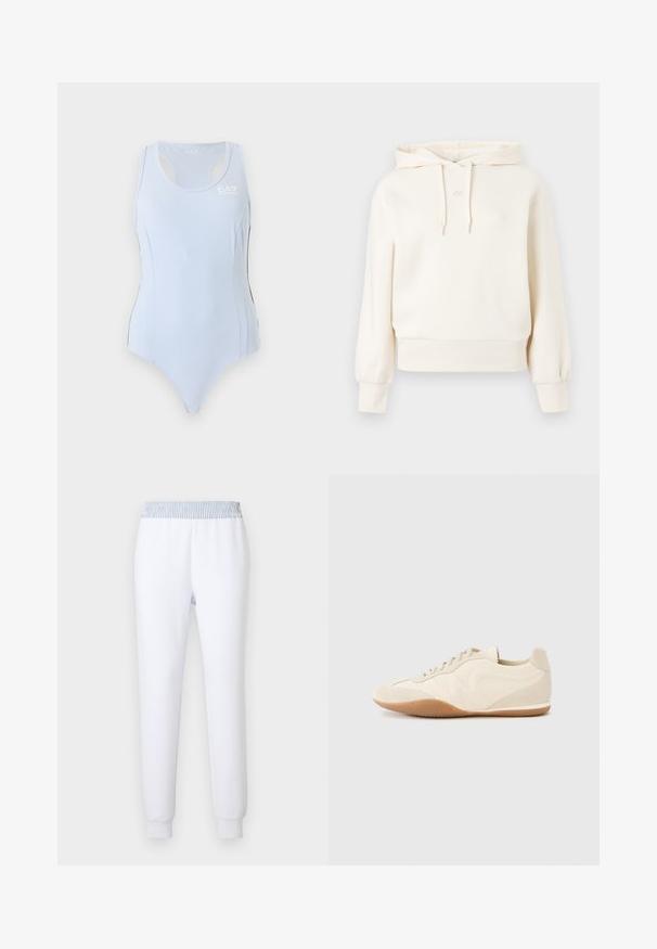 Hoodie crème avec une poche kangourou, capuche à cordon, poignets et ourlet côtelés. Présente un logo "AX" discret sur la poitrine. Texture de tissu douce.; Justaucorps de sport bleu clair sans manches avec dos nageur et petit logo blanc EA7 sur le haut du côté gauche de la poitrine.; Pantalon de survêtement blanc avec une ceinture élastique rayée bleue. Coupe fuselée, texture douce et poignets côtelés pour un ajustement confortable.; Baskets beige clair avec une tige en cuir texturé, des panneaux latéraux texturés et une semelle en caoutchouc. Dotées d'un design fin et épuré ainsi que de lacets plats.