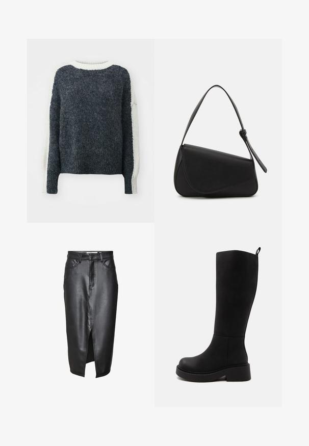 Mørkegrå strikket sweater med en struktureret overflade. Æblefarvede ærmer og krave. Kasseformet, ribbede kanter. Blødt uldblandingsmateriale.; Sorte lædernederdel med en mellemlang design, der har en frontslids, klassiske bæltesløjfer og syede detaljer langs sømmene.; Høj sort støvle med tyk sål og lav blokhæl, glat tekstur og lille løkke bagpå øverst til at trække i.; Sort læderhåndtaske med en triangular form, skrå klap og et rundt håndtag. Har en glat overflade og minimalistiske design detaljer.