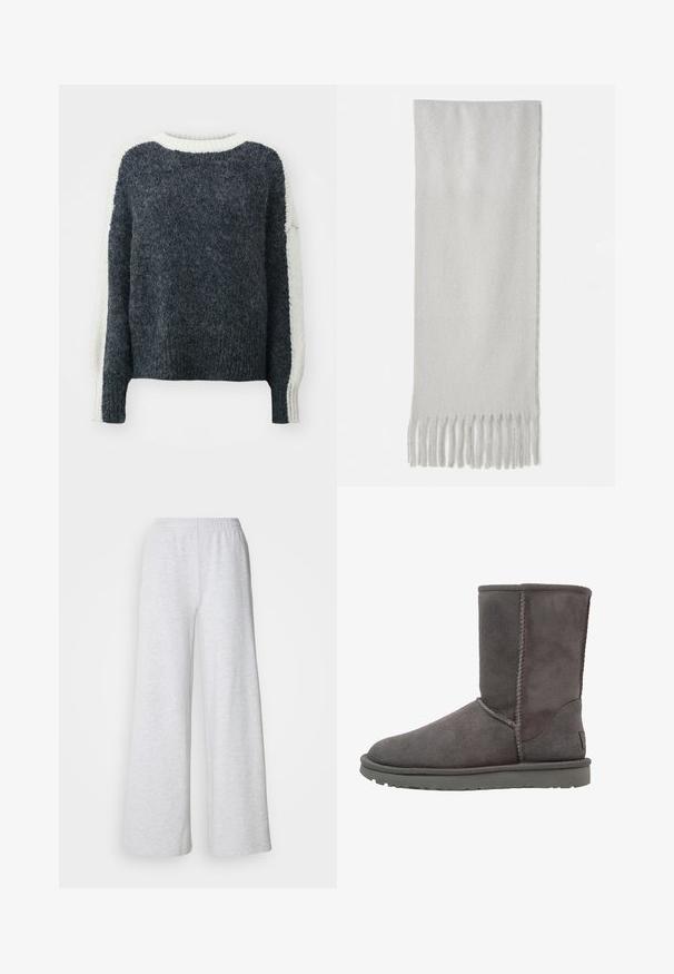 Mørkegrå strikket sweater med en struktureret overflade. Æblefarvede ærmer og krave. Kasseformet, ribbede kanter. Blødt uldblandingsmateriale.; Lysegrå brede bukser med elastisk talje, lavet af blødt stof med en subtil tekstur og uden synlige mønstre eller accenter.; Grå ruskinds ankelstøvle med en rund tå, lodrette sømdetaljer og en flad gummisål. Har et enkelt, uudsmykket design.; Grå tørklæde lavet af blødt materiale med frynser i enderne, har en rektangulær form og en glat overflade.
