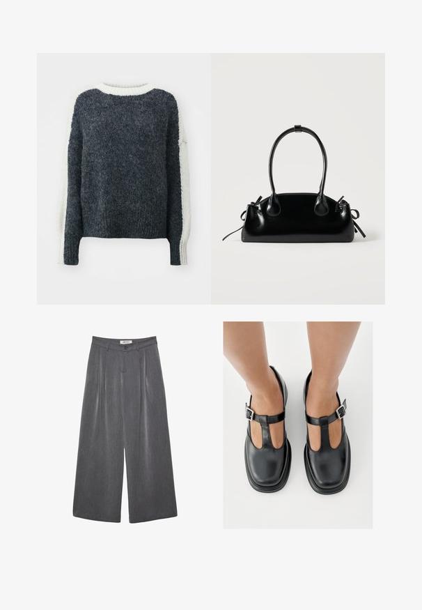 Pull en tricot gris foncé avec une finition texturée. Manches et col de couleur crème. Forme carrée, bords côtelés. Matériau doux en mélange de laine.; Pantalon gris à jambes larges avec plis, confectionné dans un tissu doux. Dispose d'une fermeture à boutons et d'une taille cintrée.; Chaussures en cuir noir avec un design à bride en T, bout fermé et accents de boucles argentées. Texture lisse avec un bout arrondi et une semelle plate.; Petit sac à main noir brillant avec deux longues anses et des détails à cordon sur les côtés sur un fond clair uni.