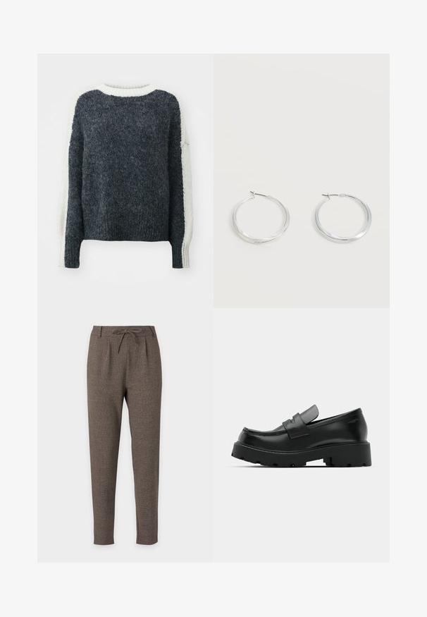 Mørkegrå strikket sweater med en struktureret overflade. Æblefarvede ærmer og krave. Kasseformet, ribbede kanter. Blødt uldblandingsmateriale.; Brune tapered bukser med snøre i taljen og båndsøm, lavet af tekstureret stof, vist på en hvid baggrund.; Sorte læder loafers med en chunky tekstureret sål, der har en rem over vamps og en glat, poleret finish.; Sølvfarvede metaloorringe med glat, let buet overflade og låsemekanisme på en ensfarvet hvid baggrund.