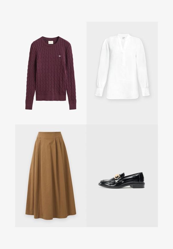 Bordeaux kabelgebreide trui met lange mouwen, ronde hals en klein logo op de borst, gemaakt door GANT.; Witte blouse met lange mouwen, V-hals, bandkraag en met knopen gesloten manchetten, getoond op een effen lichtgrijze achtergrond.; Bruine katoen A-lijn rok met een hoge taille, voorzien van plooien aan de voorkant en een gladde textuur. De zoomafwerking is schoon en eenvoudig.; Zwarte lakleren loafers met een ronde neus, een gouden hardware accent, een lage hak en een gladde textuur. Strak en minimalistisch ontwerp.