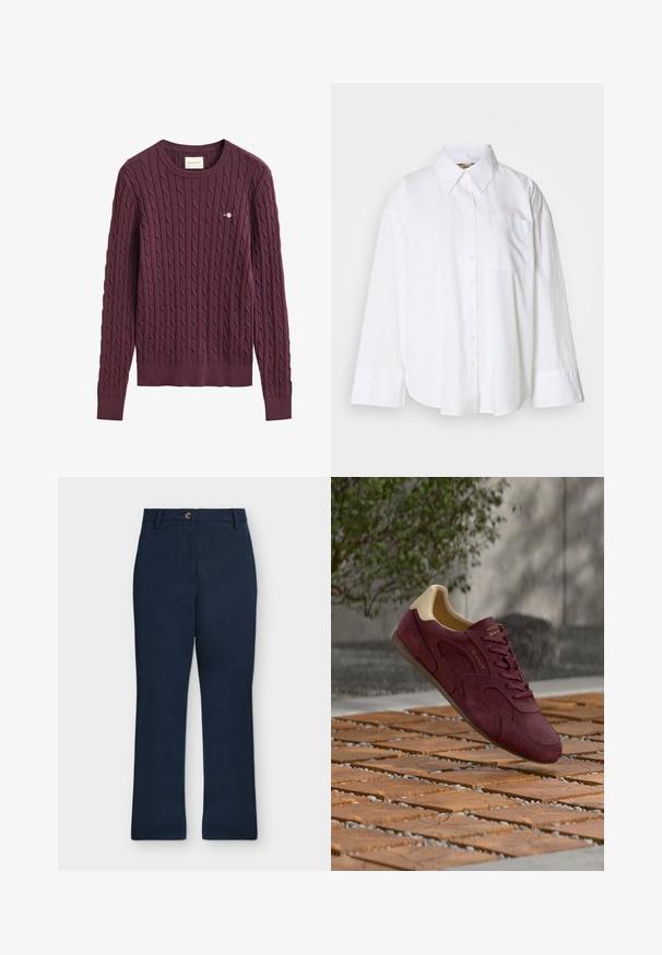 Pull en maille torsadée bordeaux à manches longues avec un col rond et un petit logo sur la poitrine, fabriqué par GANT.; Chemise blanche à manches longues avec col pointu et une poche poitrine unique, présentée sur un fond blanc uni.; Pantalon bleu marine droit avec passants pour ceinture, fermeture avant par boutons et fermeture éclair cachée sur un fond clair.; Baskets en daim marron rouge avec col beige au talon et logos GANT dorés, flottant au-dessus d’un sol en carreaux de bois avec plante verte et mur en béton en arrière-plan.