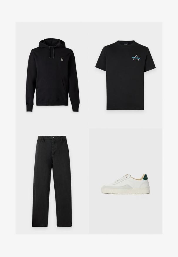 Sweat à capuche noir à enfiler avec poche kangourou à l'avant, cordon de serrage ajustable à la capuche et petit logo brodé coloré sur la poitrine gauche.; T-shirt en coton noir avec un graphique de montagne triangulaire en blanc et bleu, à manches courtes et col rond.; Pantalons en denim noir à coupe droite, avec une fermeture à bouton à l'avant et une couture discrète. Texture lisse et branding minimal.; Baskets blanches avec des accents en daim, bout arrondi, lacets plats et semelle en caoutchouc crème. Présente une marque verte sur le talon.