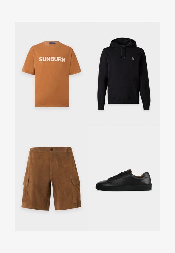 Sweat à capuche noir à enfiler avec poche kangourou à l'avant, cordon de serrage ajustable à la capuche et petit logo brodé coloré sur la poitrine gauche.; T-shirt marron à manches courtes avec texte blanc "SUNBURN" sur le devant et petite étiquette bleue sur la manche gauche, affiché sur un fond uni.; Shorts cargo en daim marron avec fermeture à bouton sur le devant et poches à rabat de chaque côté, sur un fond blanc uni.; Basket basse en cuir noir avec lacets noirs, semelle en caoutchouc texturée et petit logo embossé sur le côté, présenté de profil sur fond gris.