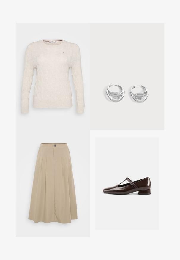 Kabelstrikket cremet sweater med rund halsudskæring, lange ærmer og ribbet manchetter. Har et lille logo på brystet. Lavet af blødt materiale.; Beige plisseret nederdel lavet af blødt stof, med en tætsiddende talje med knaplukning og en svævende A-formet silhuet.; Brune Mary Jane-sko i laklæder med en rundet tå, udskæringsdesign og justerbar rem. Lav blokhæl.; Par polerede sølv hoops øreringe med lagdelt, buet stangdesign på en ensartet lys baggrund.