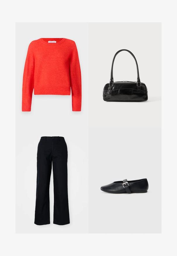 Pull rouge, court, en matière douce. Encolure ronde, manches longues et détails côtelés au niveau de l'ourlet. Surface légèrement texturée.; Pantalons noirs à jambes larges en coton. Dotés d'une fermeture à bouton à l'avant, de passants de ceinture et d'une texture lisse. Pas de motifs ou d'accents visibles.; Chaussures plates en cuir noir avec un design à bout rond, dotées d'une sangle à boucle sur le côté et d'une texture lisse. Semelle basse pour un confort optimal.; Sac à main en cuir noir de forme rectangulaire, doté d'une seule ansse structurée, de quincaillerie argentée et d'une fermeture éclair. Texture lisse.