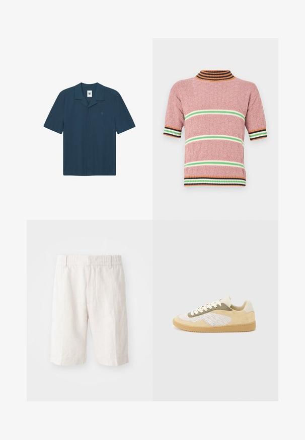 Pull-over à manches courtes en maille texturée rose, avec des rayures horizontales vertes et blanches, et un col côtelé avec des accents orange et marine.; Chemise à manches courtes, bleu foncé, en tissu léger. Dotée d'un col plat, d'un logo sur la poitrine et d'une coupe droite.; Shorts en lin beige clair avec une taille élastique, poches latérales et une coupe droite. Texture lisse avec des coutures minimales visibles.; Baskets basses en daim beige, panneaux en maille blanche, accents olive, lacets blancs et semelle en caoutchouc naturel sur fond gris clair.